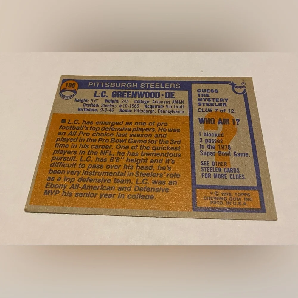 L.C. Greenwood 1976 Topps Football Card # 180 Pittsburgh Steelers Vintage